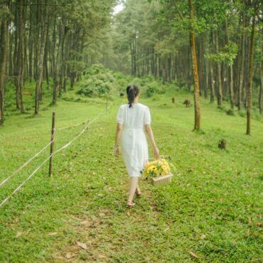 a woman in a white dress walking through a forest